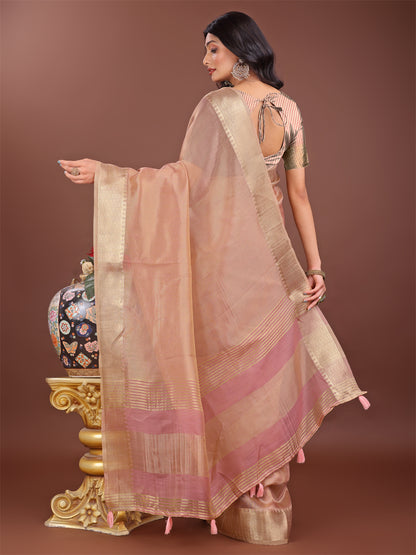 Astita Elegant Peach Linen Saree with Golden Zari Border & Rich Pallu | Soft Drape | Festive & Office Wear