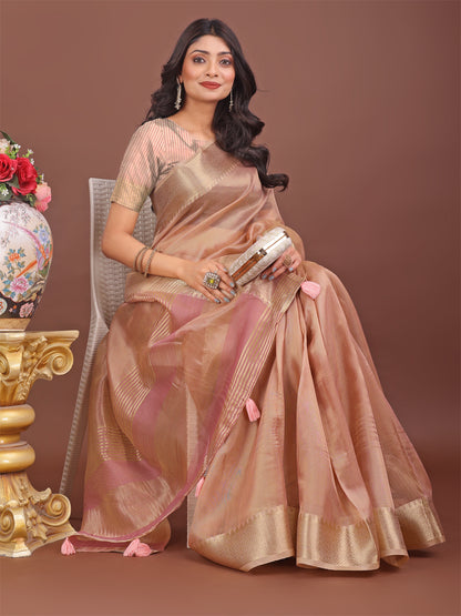 Astita Elegant Peach Linen Saree with Golden Zari Border & Rich Pallu | Soft Drape | Festive & Office Wear