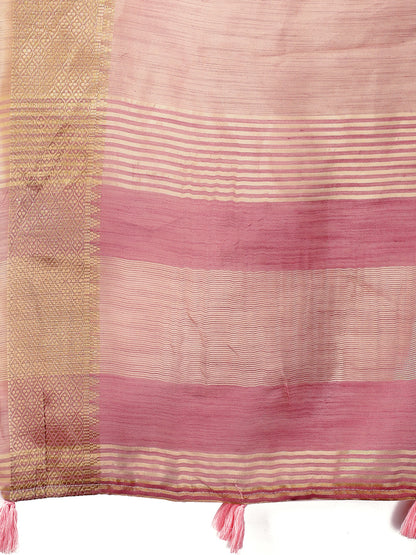 Astita Elegant Peach Linen Saree with Golden Zari Border & Rich Pallu | Soft Drape | Festive & Office Wear