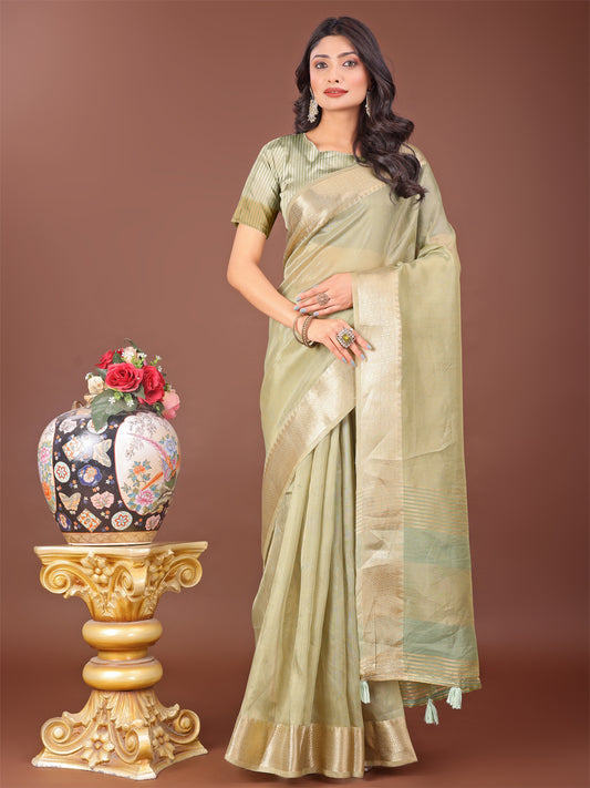 Astita Elegant Light Green Linen Saree with Golden Zari Border & Rich Pallu | Soft Drape | Festive & Office Wear