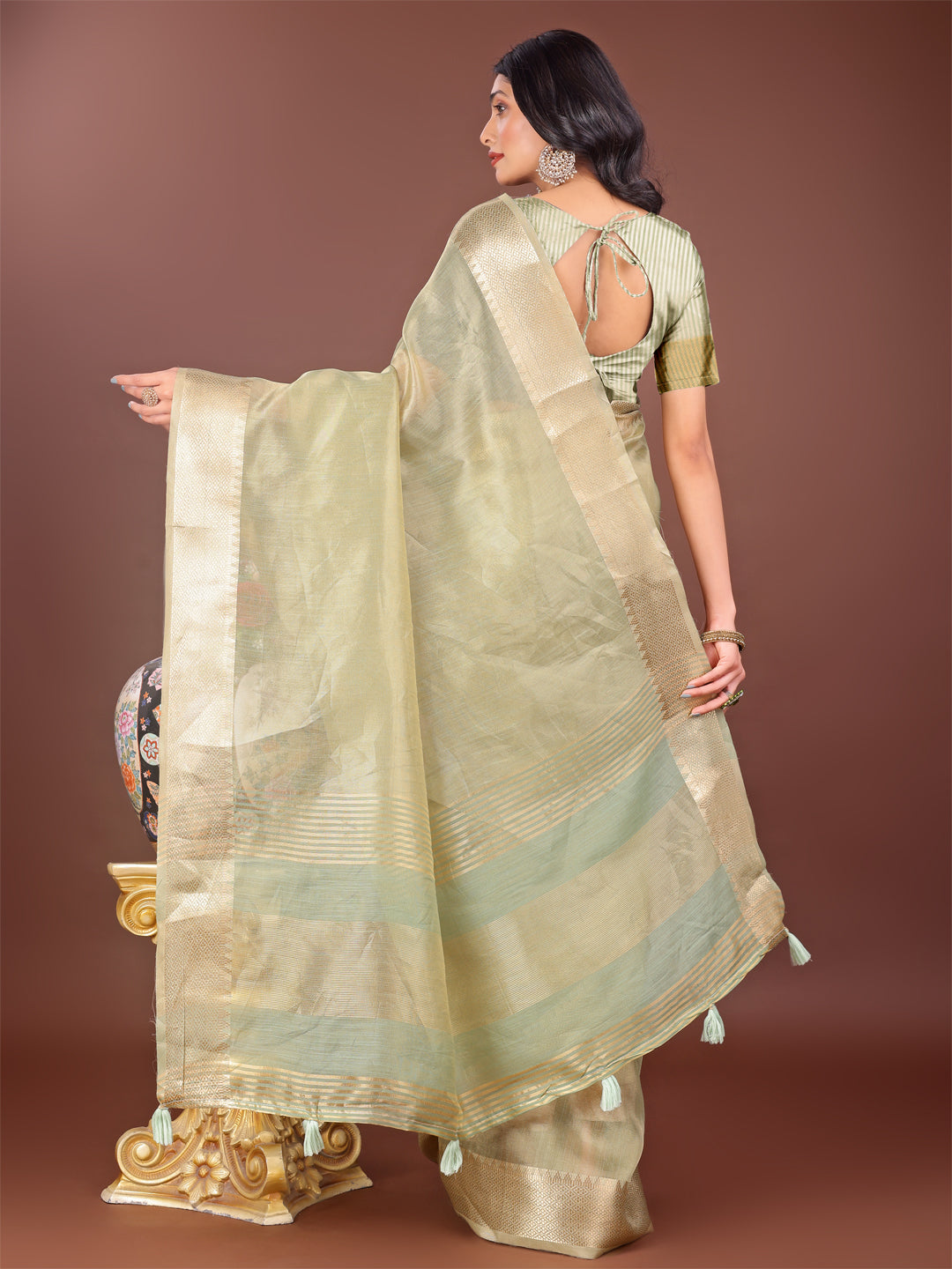 Astita Elegant Light Green Linen Saree with Golden Zari Border & Rich Pallu | Soft Drape | Festive & Office Wear