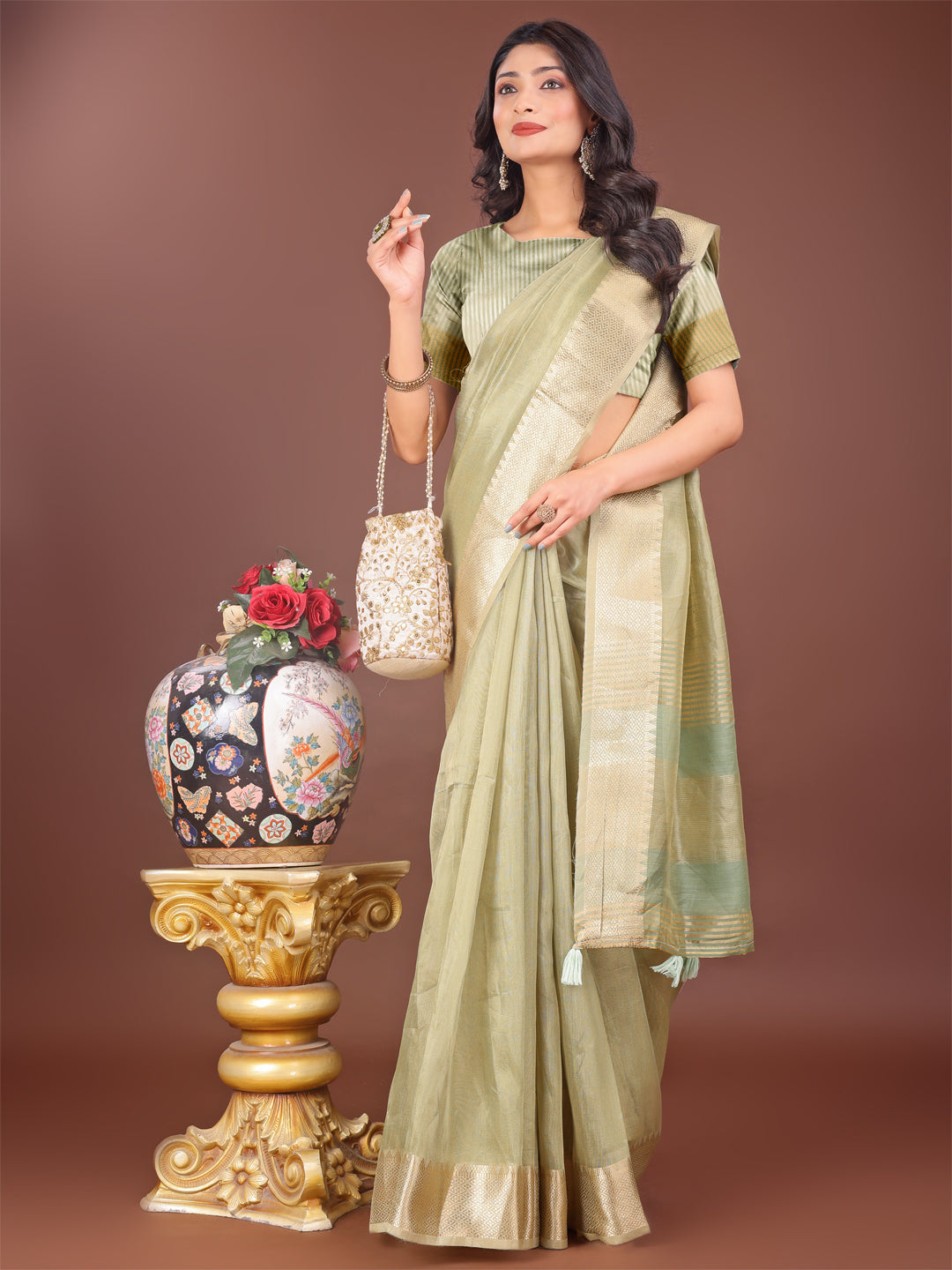 Astita Elegant Light Green Linen Saree with Golden Zari Border & Rich Pallu | Soft Drape | Festive & Office Wear