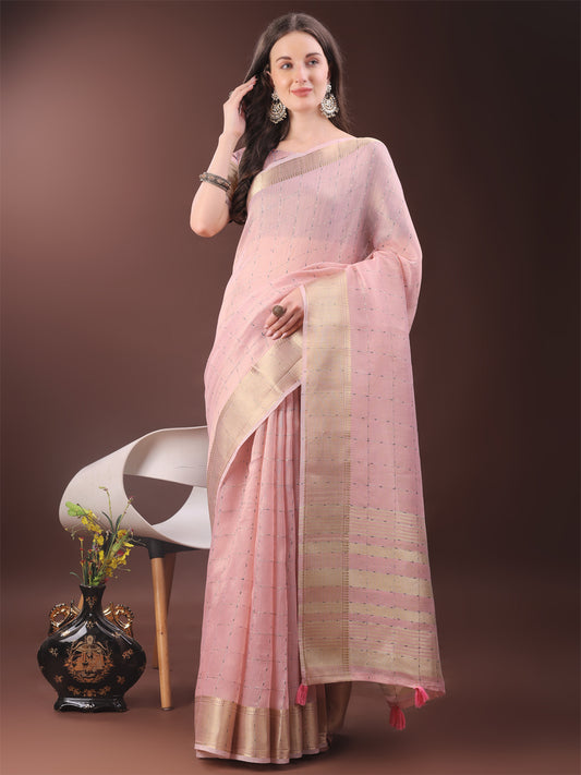 Astita Elegant Light Pink Organza Saree with Golden Zari Border & Designer Tassels | Lightweight Partywear Saree