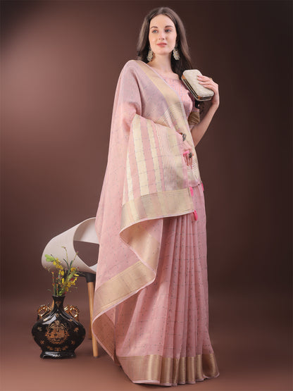 Astita Elegant Light Pink Organza Saree with Golden Zari Border & Designer Tassels | Lightweight Partywear Saree