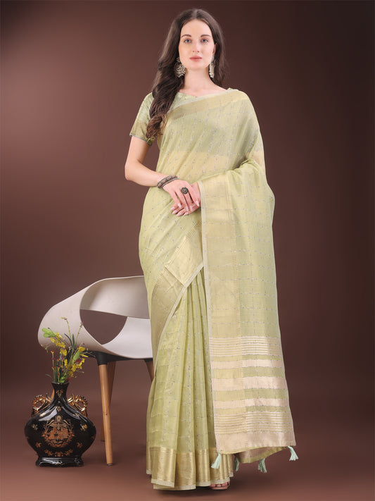 Astita Elegant Light Green Organza Saree with Golden Zari Border & Designer Tassels | Lightweight Partywear Saree