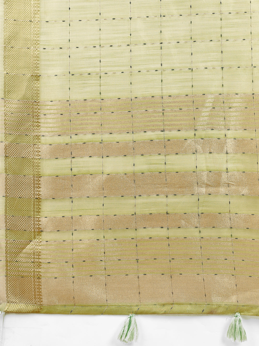 Astita Elegant Light Green Organza Saree with Golden Zari Border & Designer Tassels | Lightweight Partywear Saree