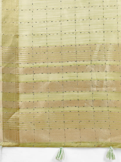 Astita Elegant Light Green Organza Saree with Golden Zari Border & Designer Tassels | Lightweight Partywear Saree