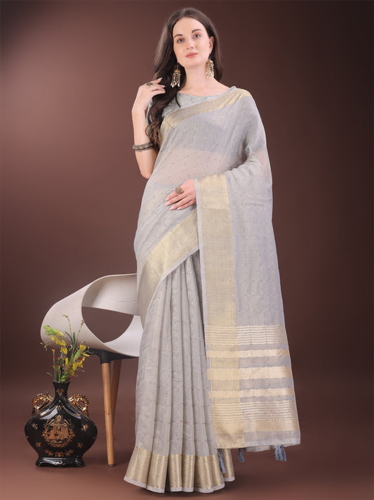 Astita Elegant Grey Organza Saree with Golden Zari Border & Designer Tassels | Lightweight Partywear Saree