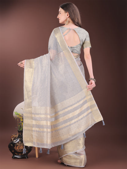 Astita Elegant Grey Organza Saree with Golden Zari Border & Designer Tassels | Lightweight Partywear Saree