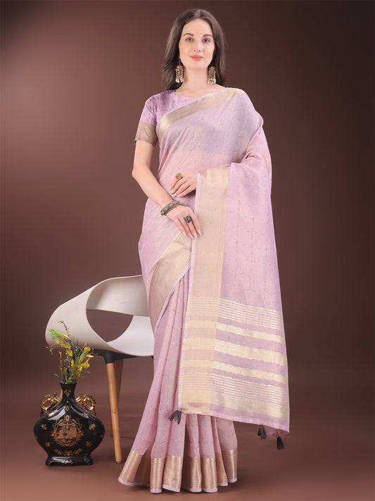 Astita Elegant Pink Organza Saree with Golden Zari Border & Designer Tassels | Lightweight Partywear Saree