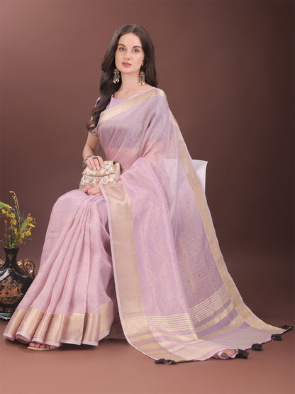 Astita Elegant Pink Organza Saree with Golden Zari Border & Designer Tassels | Lightweight Partywear Saree