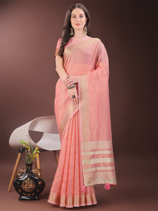 Astita Elegant Peach Organza Saree with Golden Zari Border & Designer Tassels | Lightweight Partywear Saree
