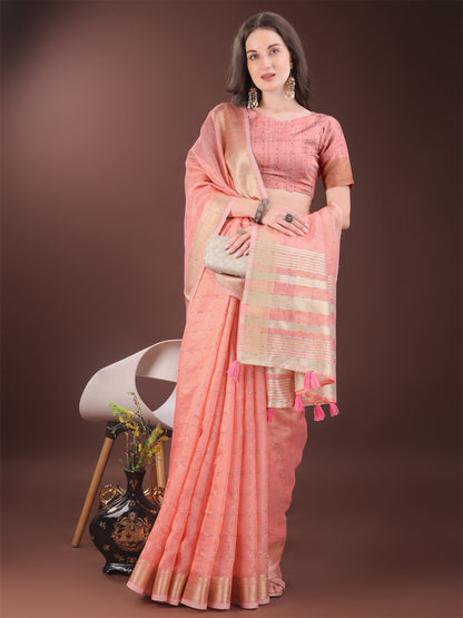 Astita Elegant Peach Organza Saree with Golden Zari Border & Designer Tassels | Lightweight Partywear Saree