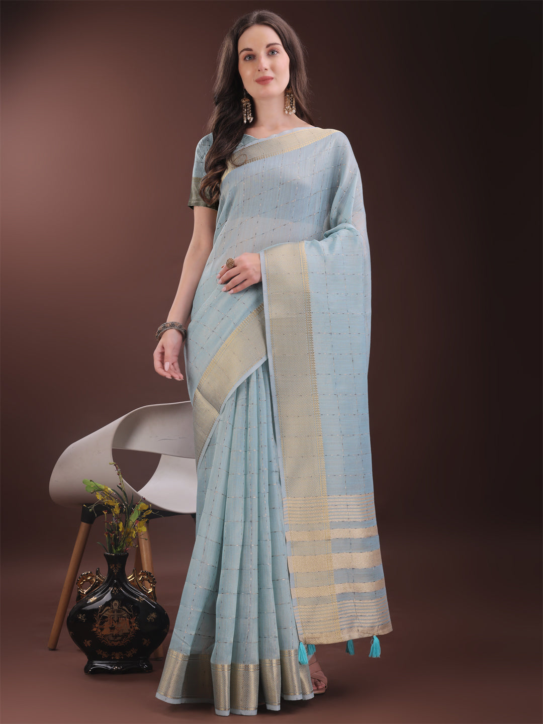 Astita Elegant Sky Blue Organza Saree with Golden Zari Border & Designer Tassels | Lightweight Partywear Saree