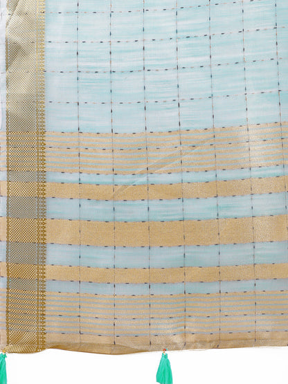 Astita Elegant Sky Blue Organza Saree with Golden Zari Border & Designer Tassels | Lightweight Partywear Saree