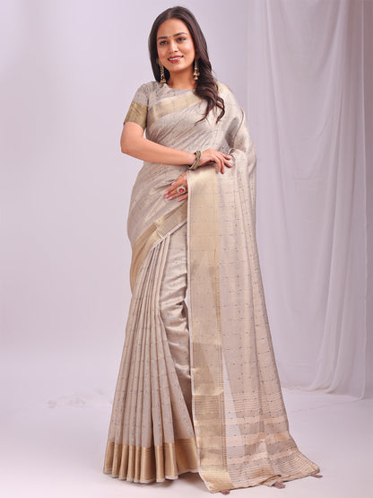 Astita  Cream Gold Organza Saree with Subtle Zari Weave | Lightweight Festive Saree for Women | Elegant Traditional Look | Golden Border & Pallu | Perfect for Weddings, Puja & Gifting