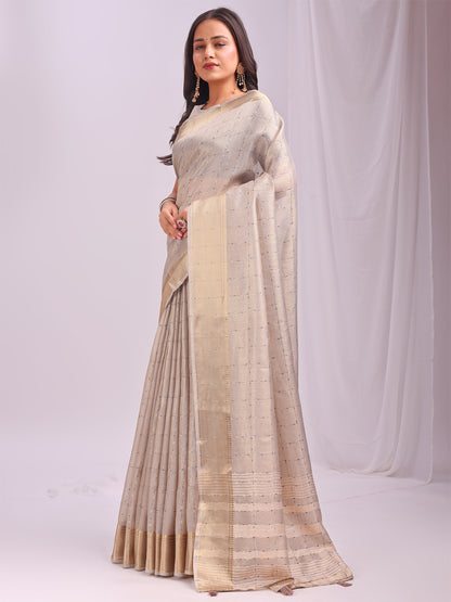 Astita  Cream Gold Organza Saree with Subtle Zari Weave | Lightweight Festive Saree for Women | Elegant Traditional Look | Golden Border & Pallu | Perfect for Weddings, Puja & Gifting