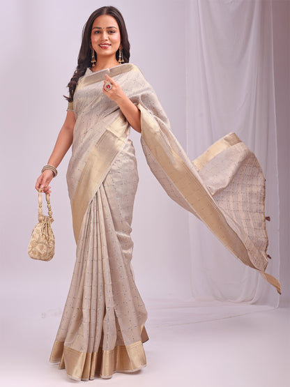 Astita  Cream Gold Organza Saree with Subtle Zari Weave | Lightweight Festive Saree for Women | Elegant Traditional Look | Golden Border & Pallu | Perfect for Weddings, Puja & Gifting