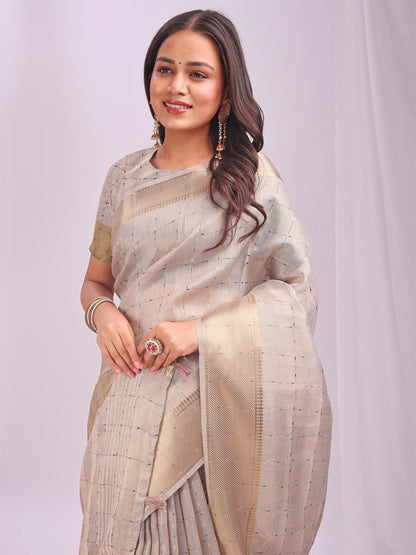 Astita  Cream Gold Organza Saree with Subtle Zari Weave | Lightweight Festive Saree for Women | Elegant Traditional Look | Golden Border & Pallu | Perfect for Weddings, Puja & Gifting