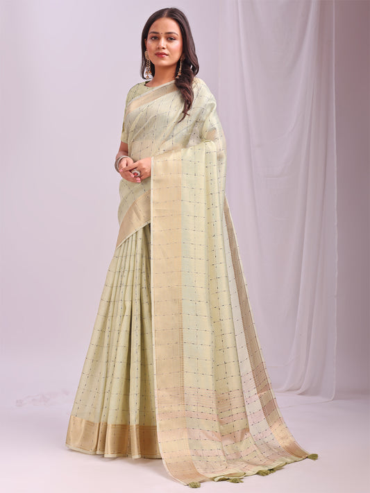 Astita  Light Green Gold Organza Saree with Subtle Zari Weave | Lightweight Festive Saree for Women | Elegant Traditional Look | Golden Border & Pallu | Perfect for Weddings, Puja & Gifting