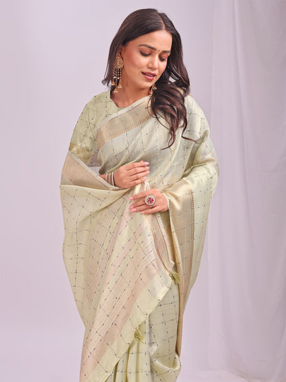 Astita  Cream Gold Organza Saree with Subtle Zari Weave | Lightweight Festive Saree for Women | Elegant Traditional Look | Golden Border & Pallu | Perfect for Weddings, Puja & Gifting