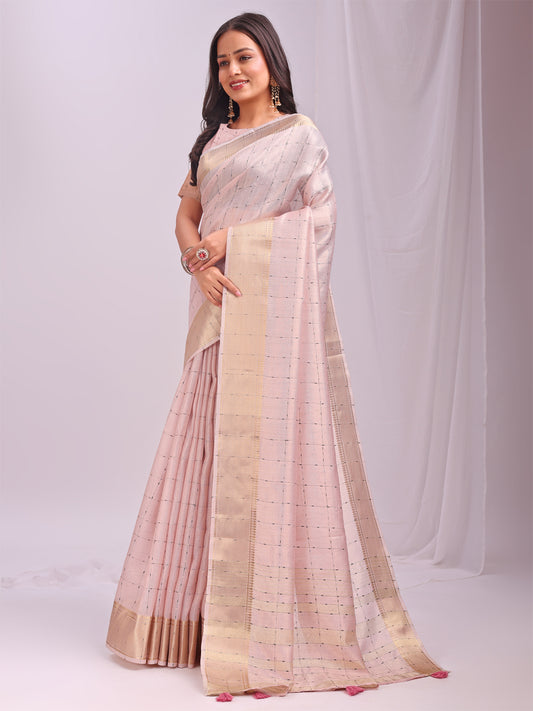 Astita  Peach Gold Organza Saree with Subtle Zari Weave | Lightweight Festive Saree for Women | Elegant Traditional Look | Golden Border & Pallu | Perfect for Weddings, Puja & Gifting