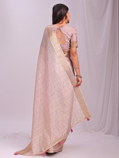 Astita  Peach Gold Organza Saree with Subtle Zari Weave | Lightweight Festive Saree for Women | Elegant Traditional Look | Golden Border & Pallu | Perfect for Weddings, Puja & Gifting