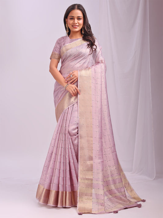 Astita  Light Pink Gold Organza Saree with Subtle Zari Weave | Lightweight Festive Saree for Women | Elegant Traditional Look | Golden Border & Pallu | Perfect for Weddings, Puja & Gifting