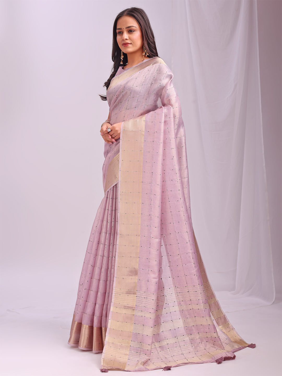 Astita  Light Pink Gold Organza Saree with Subtle Zari Weave | Lightweight Festive Saree for Women | Elegant Traditional Look | Golden Border & Pallu | Perfect for Weddings, Puja & Gifting