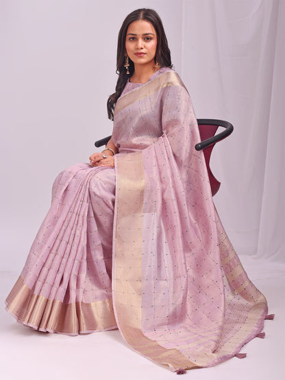 Astita  Light Pink Gold Organza Saree with Subtle Zari Weave | Lightweight Festive Saree for Women | Elegant Traditional Look | Golden Border & Pallu | Perfect for Weddings, Puja & Gifting