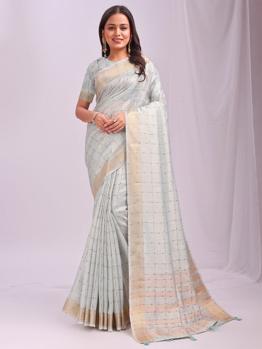 Astita  Sky Blue Gold Organza Saree with Subtle Zari Weave | Lightweight Festive Saree for Women | Elegant Traditional Look | Golden Border & Pallu | Perfect for Weddings, Puja & Gifting