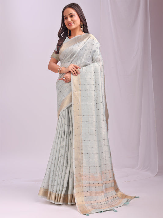 Astita  Sky Blue Gold Organza Saree with Subtle Zari Weave | Lightweight Festive Saree for Women | Elegant Traditional Look | Golden Border & Pallu | Perfect for Weddings, Puja & Gifting