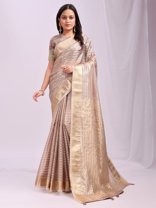 Astita  Pink Gold Organza Saree with Subtle Zari Weave | Lightweight Festive Saree for Women | Elegant Traditional Look | Golden Border & Pallu | Perfect for Weddings, Puja & Gifting