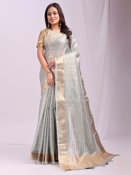 Astita  Sky Blue Gold Organza Saree with Subtle Zari Weave | Lightweight Festive Saree for Women | Elegant Traditional Look | Golden Border & Pallu | Perfect for Weddings, Puja & Gifting