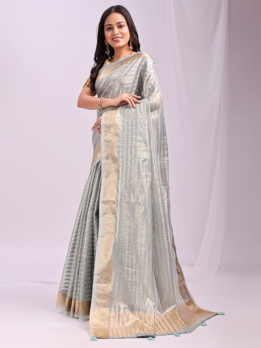Astita  Sky Blue Gold Organza Saree with Subtle Zari Weave | Lightweight Festive Saree for Women | Elegant Traditional Look | Golden Border & Pallu | Perfect for Weddings, Puja & Gifting