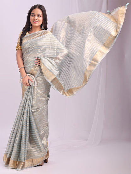 Astita  Sky Blue Gold Organza Saree with Subtle Zari Weave | Lightweight Festive Saree for Women | Elegant Traditional Look | Golden Border & Pallu | Perfect for Weddings, Puja & Gifting