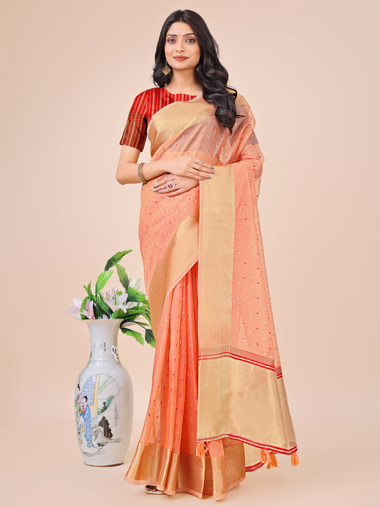 Astita Peach Gold Organza Silk Saree – Lightweight Luxury for Your Ethnic Moments