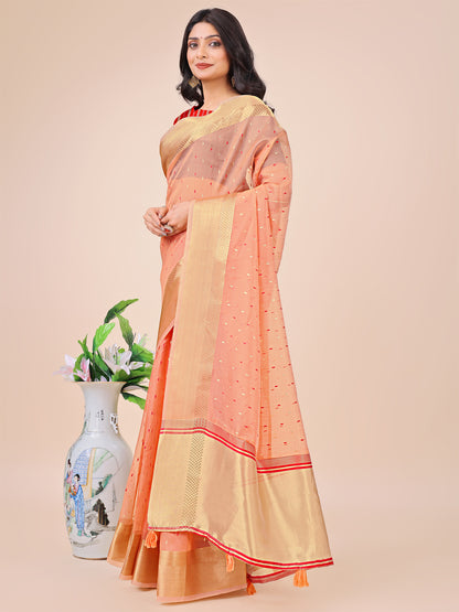 Astita Peach Gold Organza Silk Saree – Lightweight Luxury for Your Ethnic Moments