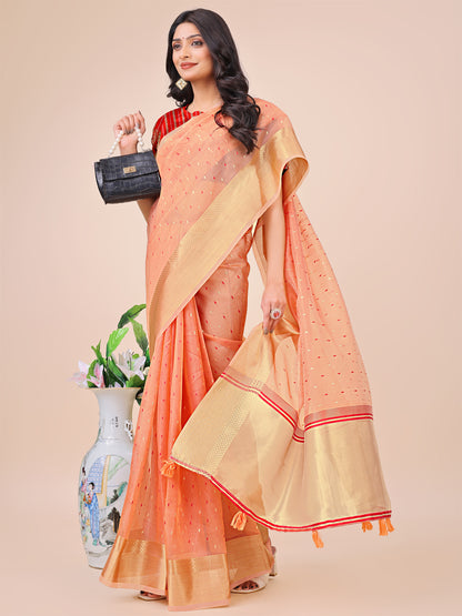 Astita Peach Gold Organza Silk Saree – Lightweight Luxury for Your Ethnic Moments