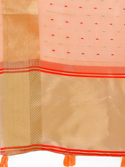 Astita Peach Gold Organza Silk Saree – Lightweight Luxury for Your Ethnic Moments