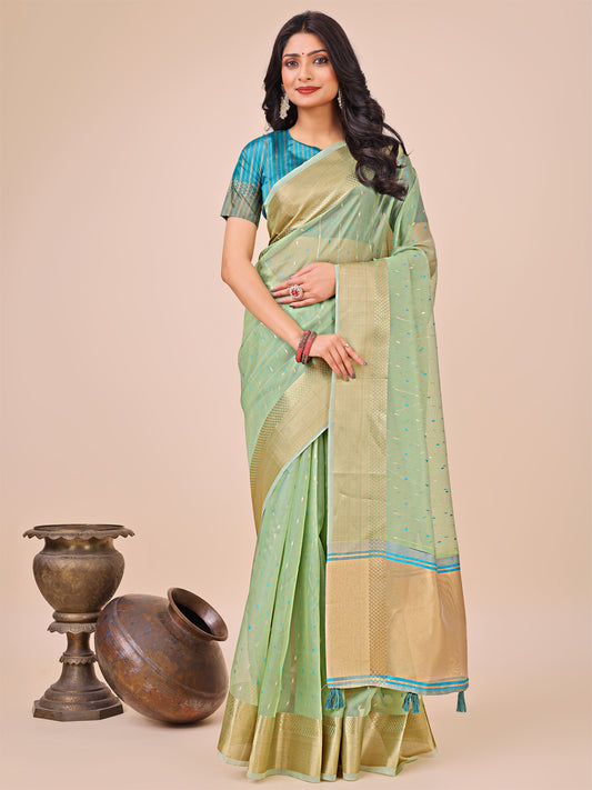 Astita Green Gold Organza Silk Saree – Lightweight Luxury for Your Ethnic Moments