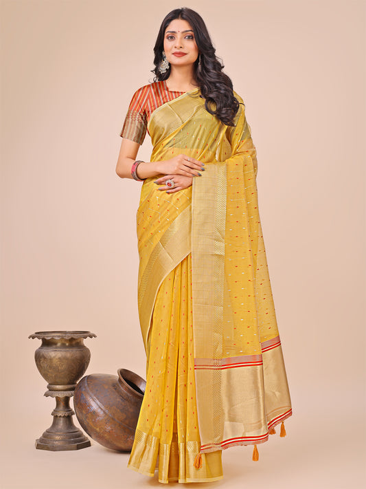 Astita Yellow Gold Organza Silk Saree – Lightweight Luxury for Your Ethnic Moments