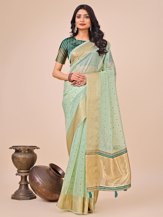 Astita Olive Green Gold Organza Silk Saree – Lightweight Luxury for Your Ethnic Moments