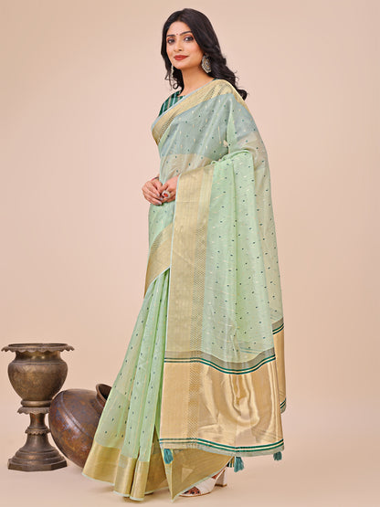 Astita Olive Green Gold Organza Silk Saree – Lightweight Luxury for Your Ethnic Moments