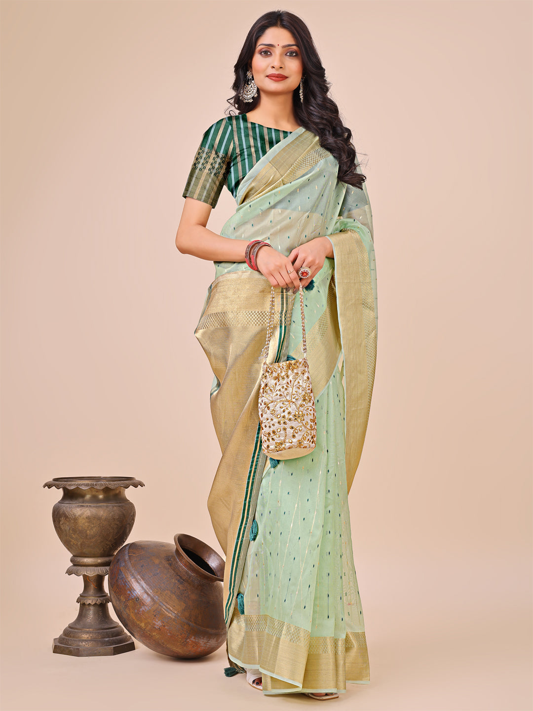 Astita Olive Green Gold Organza Silk Saree – Lightweight Luxury for Your Ethnic Moments
