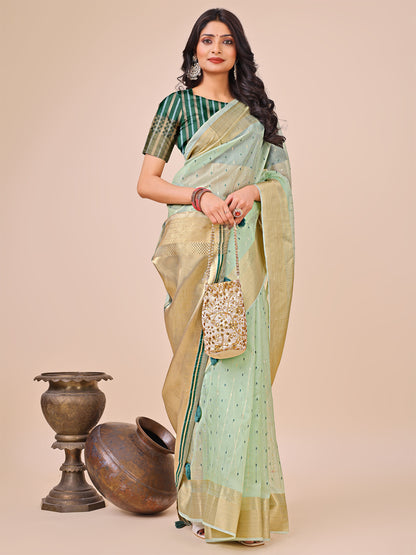 Astita Olive Green Gold Organza Silk Saree – Lightweight Luxury for Your Ethnic Moments