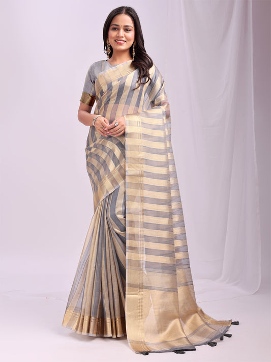 Astita  Grey Gold Organza Saree with Subtle Zari Weave | Lightweight Festive Saree for Women | Elegant Traditional Look | Golden Border & Pallu | Perfect for Weddings, Puja & Gifting