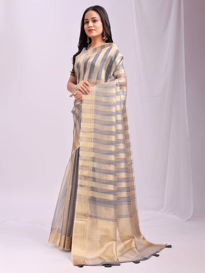 Astita  Grey Gold Organza Saree with Subtle Zari Weave | Lightweight Festive Saree for Women | Elegant Traditional Look | Golden Border & Pallu | Perfect for Weddings, Puja & Gifting