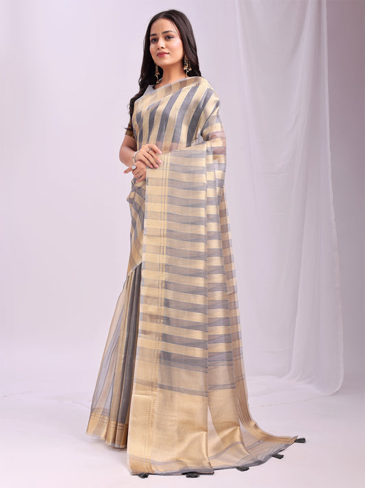 Astita  Grey Gold Organza Saree with Subtle Zari Weave | Lightweight Festive Saree for Women | Elegant Traditional Look | Golden Border & Pallu | Perfect for Weddings, Puja & Gifting