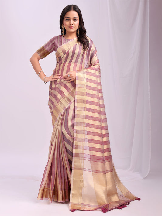 Astita  Purple Gold Organza Saree with Subtle Zari Weave | Lightweight Festive Saree for Women | Elegant Traditional Look | Golden Border & Pallu | Perfect for Weddings, Puja & Gifting